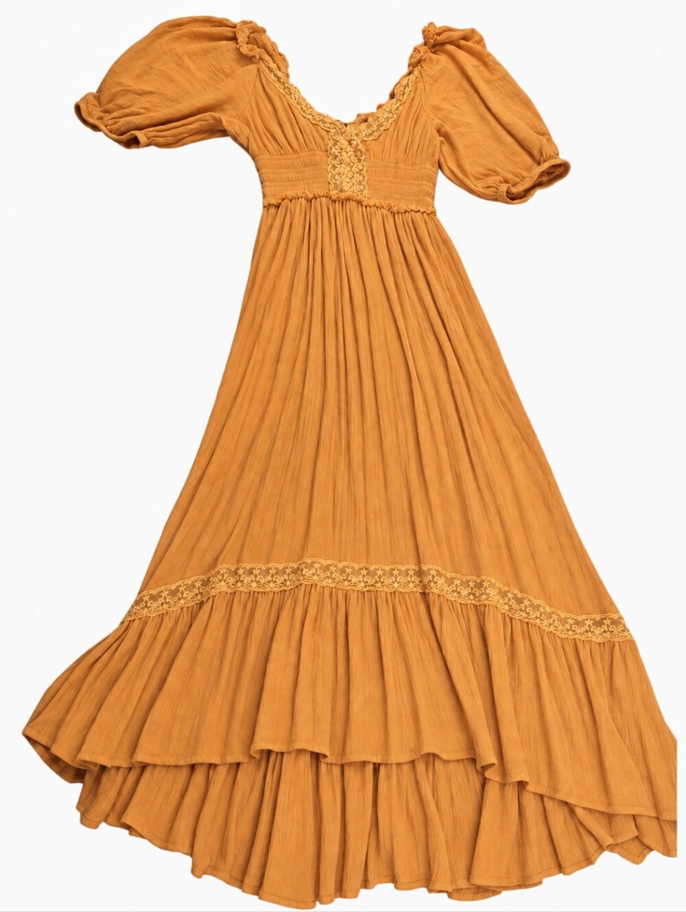 Free People Women’s XS Mustard Yellow Smocked Puff Sleeve Lace Trim Maxi Dress
